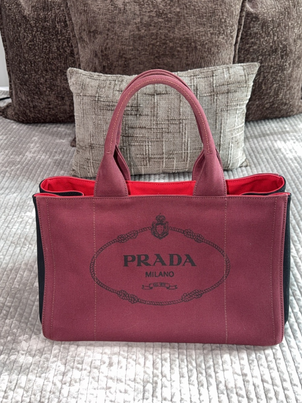 Prada Burgundy Canvas Tote with Black and Red Interior Limited Edition